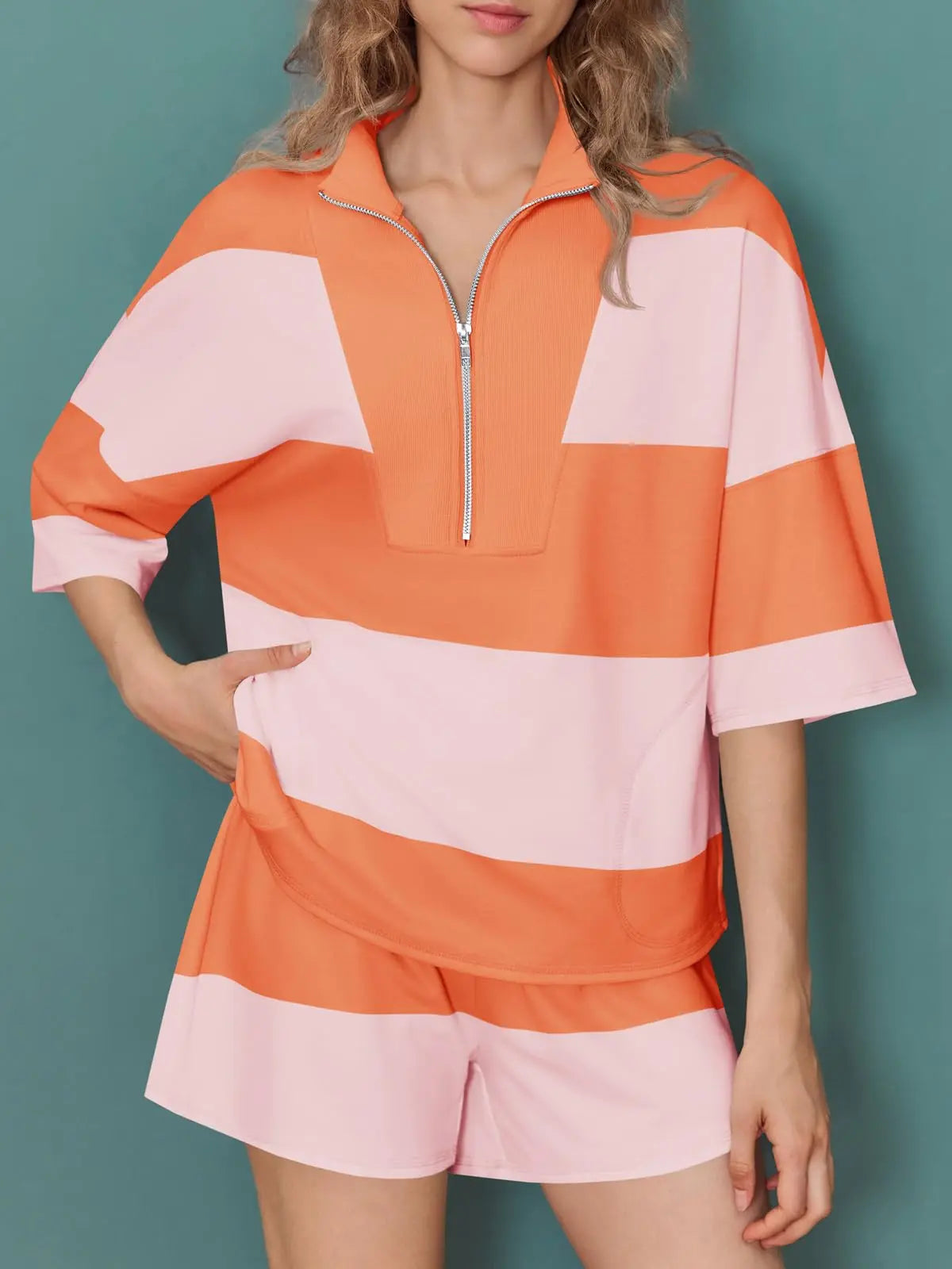 Fisoew Womens 2 Piece Outfits Summer Striped Sweatshirt Workout Shorts Sets Matching Lounge Set Tracksuits #Springtok #Tiktokshopjumpstartsale