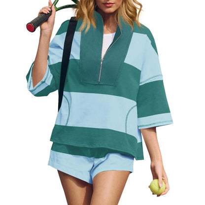 Fisoew Womens 2 Piece Outfits Summer Striped Sweatshirt Workout Shorts Sets Matching Lounge Set Tracksuits #Springtok #Tiktokshopjumpstartsale