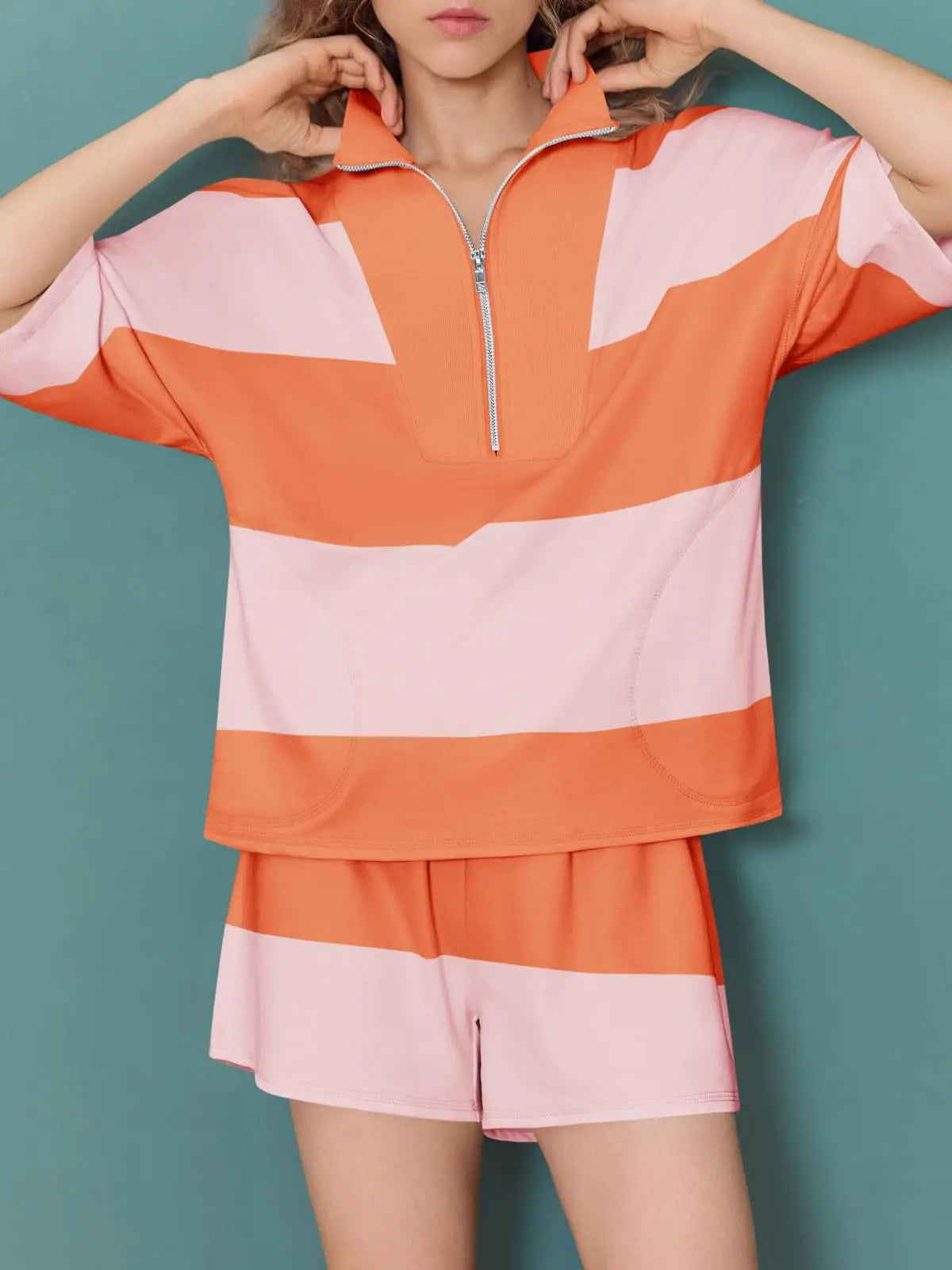 Fisoew Womens 2 Piece Outfits Summer Striped Sweatshirt Workout Shorts Sets Matching Lounge Set Tracksuits #Springtok #Tiktokshopjumpstartsale