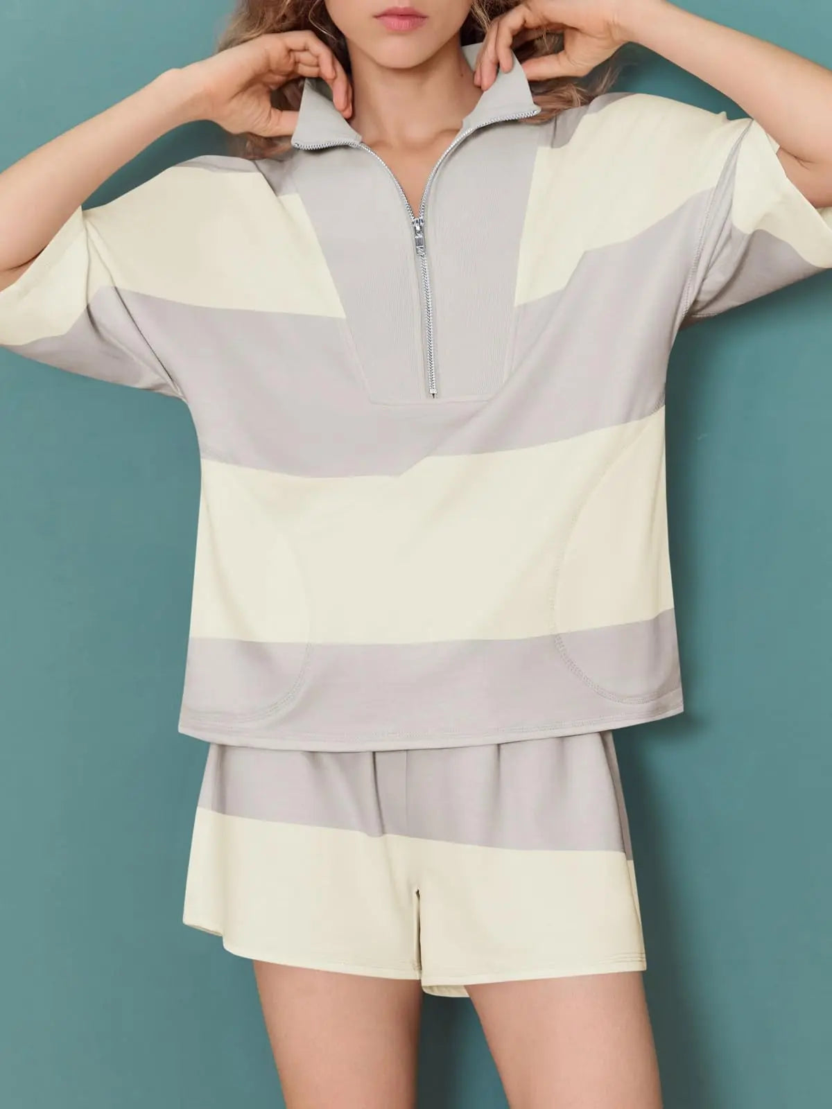 Fisoew Womens 2 Piece Outfits Summer Striped Sweatshirt Workout Shorts Sets Matching Lounge Set Tracksuits #Springtok #Tiktokshopjumpstartsale