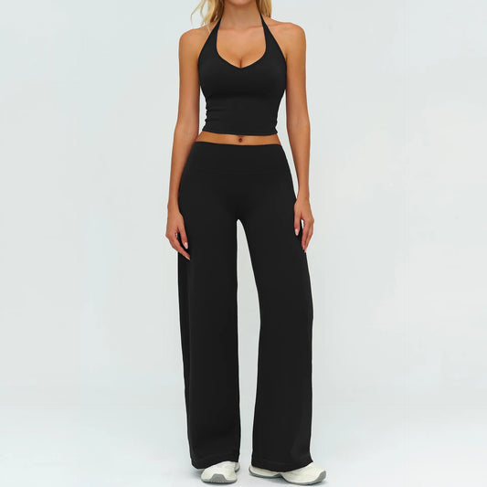 Women'S Fitness Set Two-Piece Strappy Crop Top with Straight-Leg Pants Gym Workout Wear Pilates Set Stylish Strappy V-Neck Top for Outings the Ultimate Choice for Fitness and Casual Wear